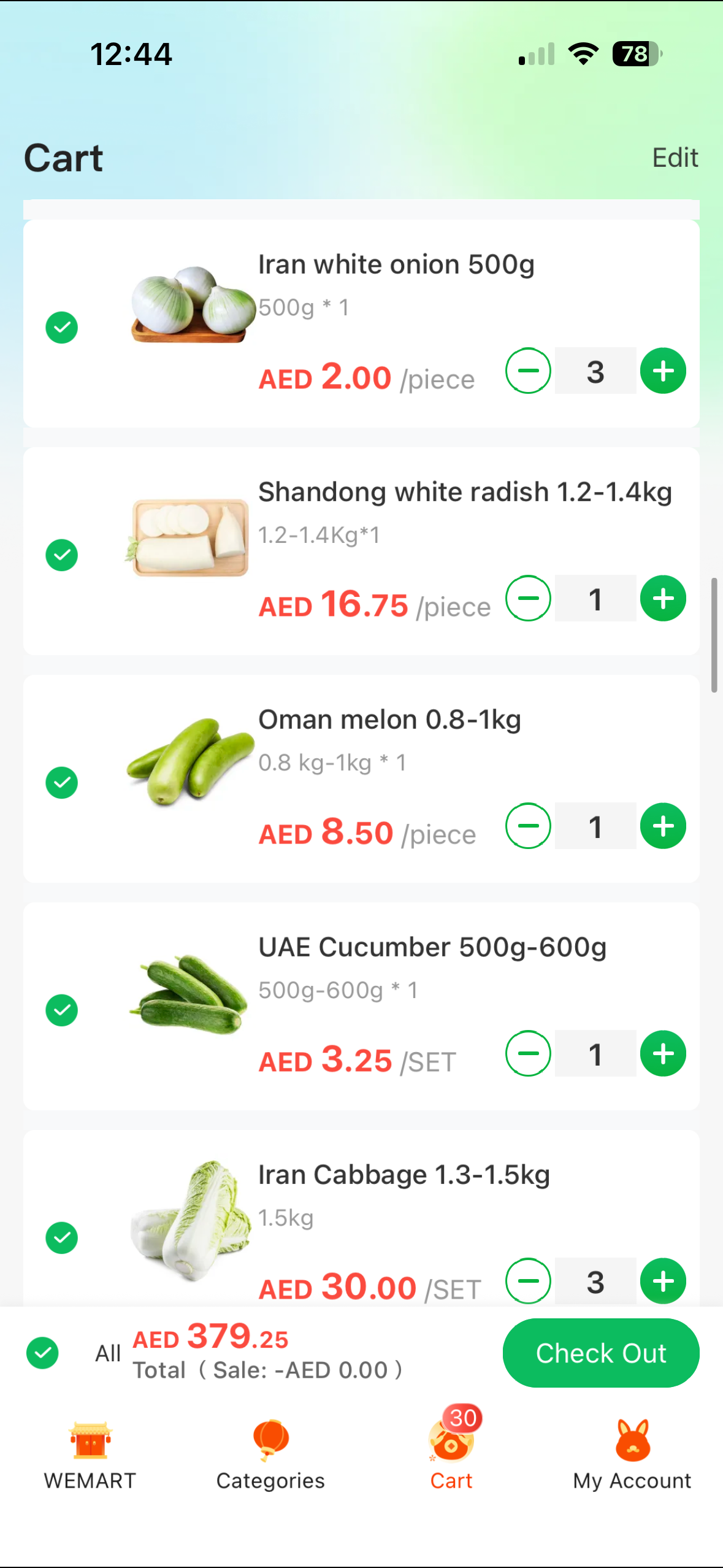 위마트 배추 1.3~1.5kg 30AED와 무 1.2~1.4kg 16.75AED